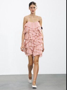 Zara ZW Collection Women Pale Pink Ruffled Mini Dress Size L NWT